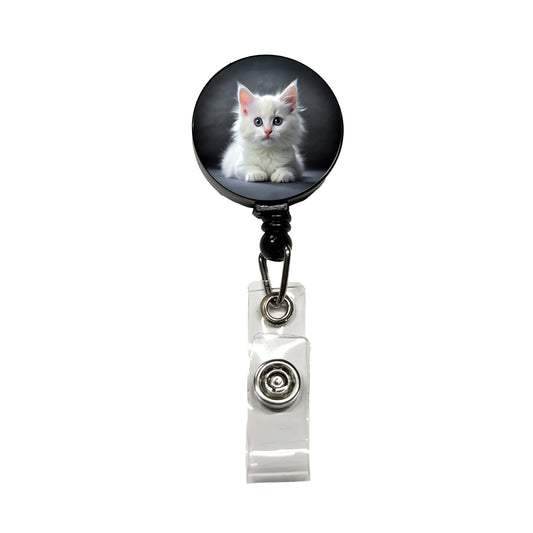 White Cat Kitten Photo Retractable ID Key Card Name Tag Badge Holder with Clip