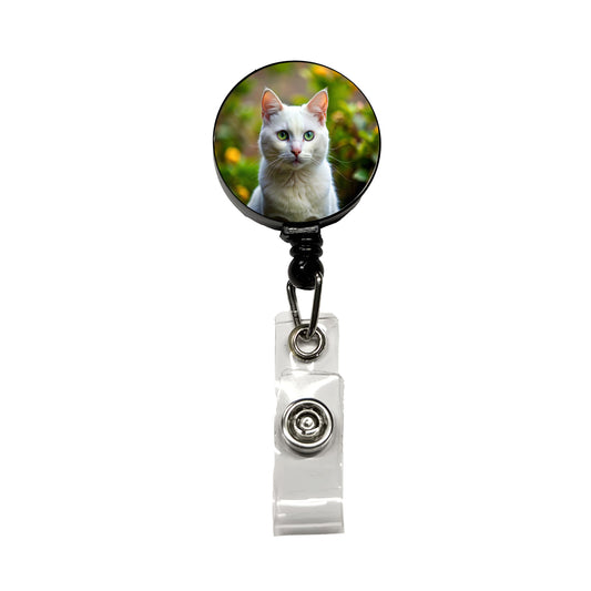White Cat Photo Retractable ID Key Card Name Tag Badge Holder with Clip