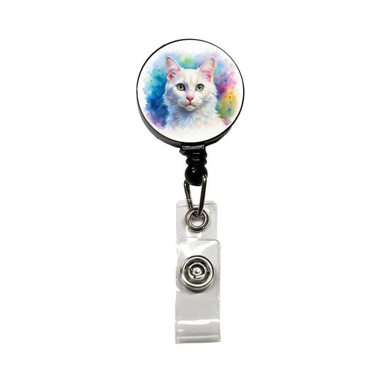White Cat Watercolor Style Retractable ID Key Card Name Tag Badge Holder with Clip