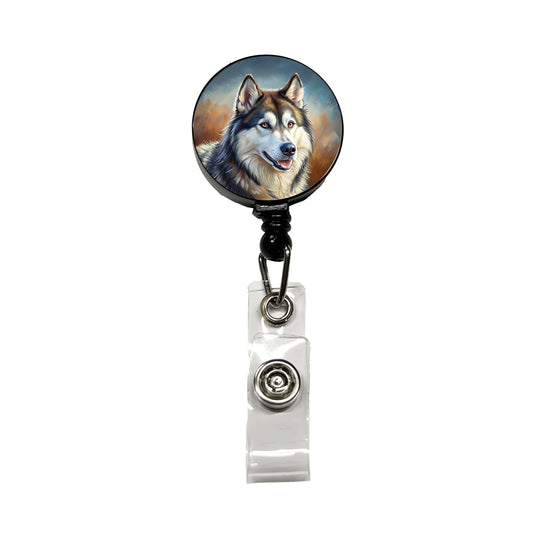 Alaskan Malamute Dog Illustration Retractable ID Key Card Name Tag Badge Holder with Clip