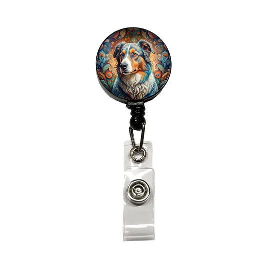 Australian Shepherd Dog Bohemian Art Retractable ID Key Card Name Tag Badge Holder with Clip