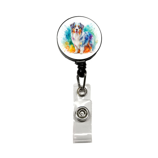 Australian Shepherd Dog Watercolor Style Retractable ID Key Card Name Tag Badge Holder with Clip