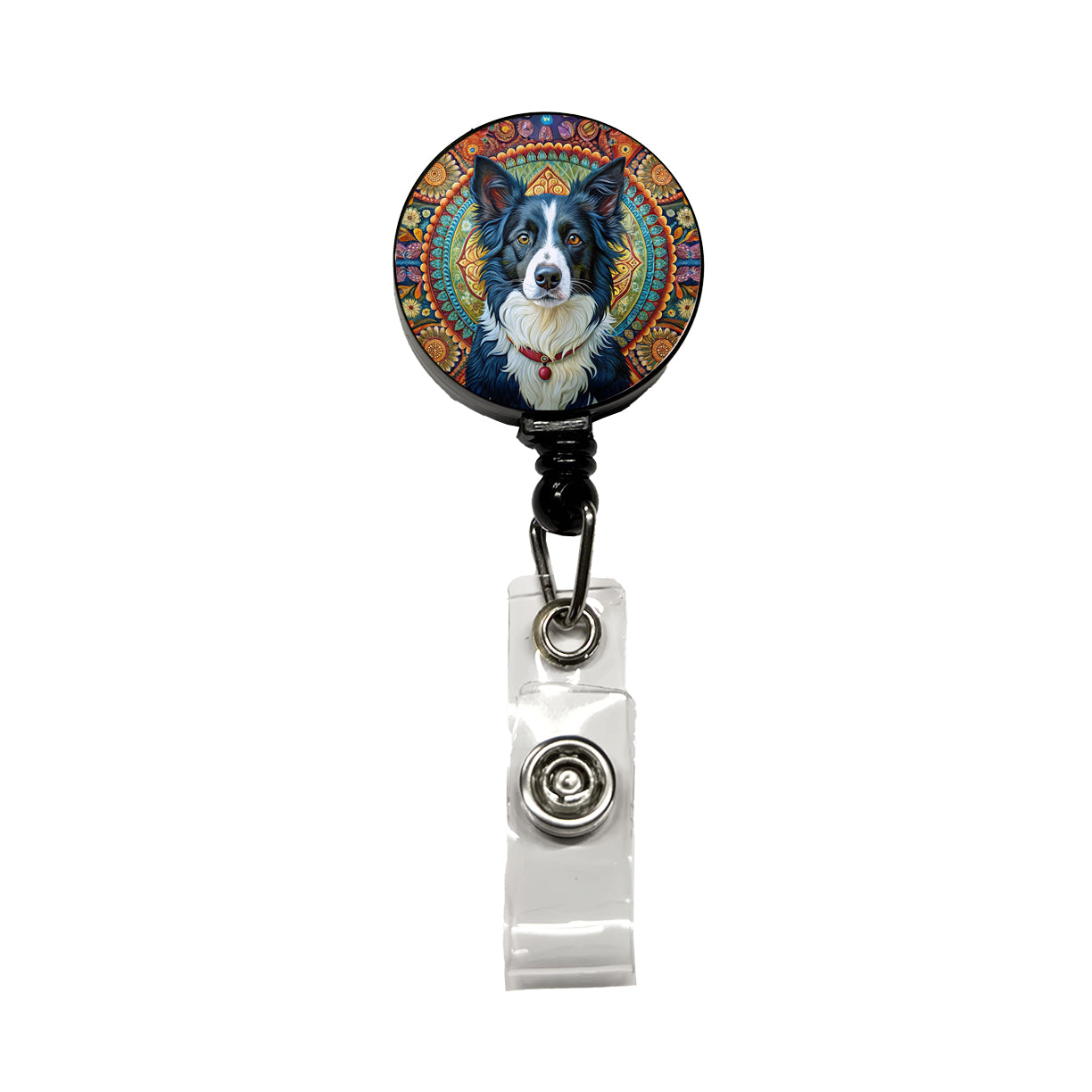 Border Collie Dog Bohemian Art Retractable ID Key Card Name Tag Badge Holder with Clip