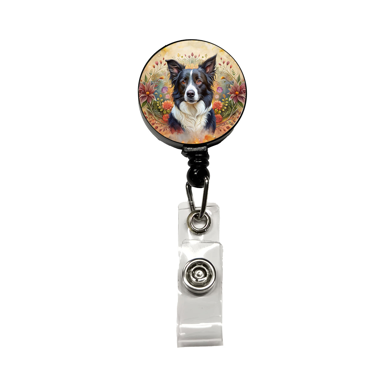 Border Collie Dog French Bohemian Art Retractable ID Key Card Name Tag Badge Holder with Clip
