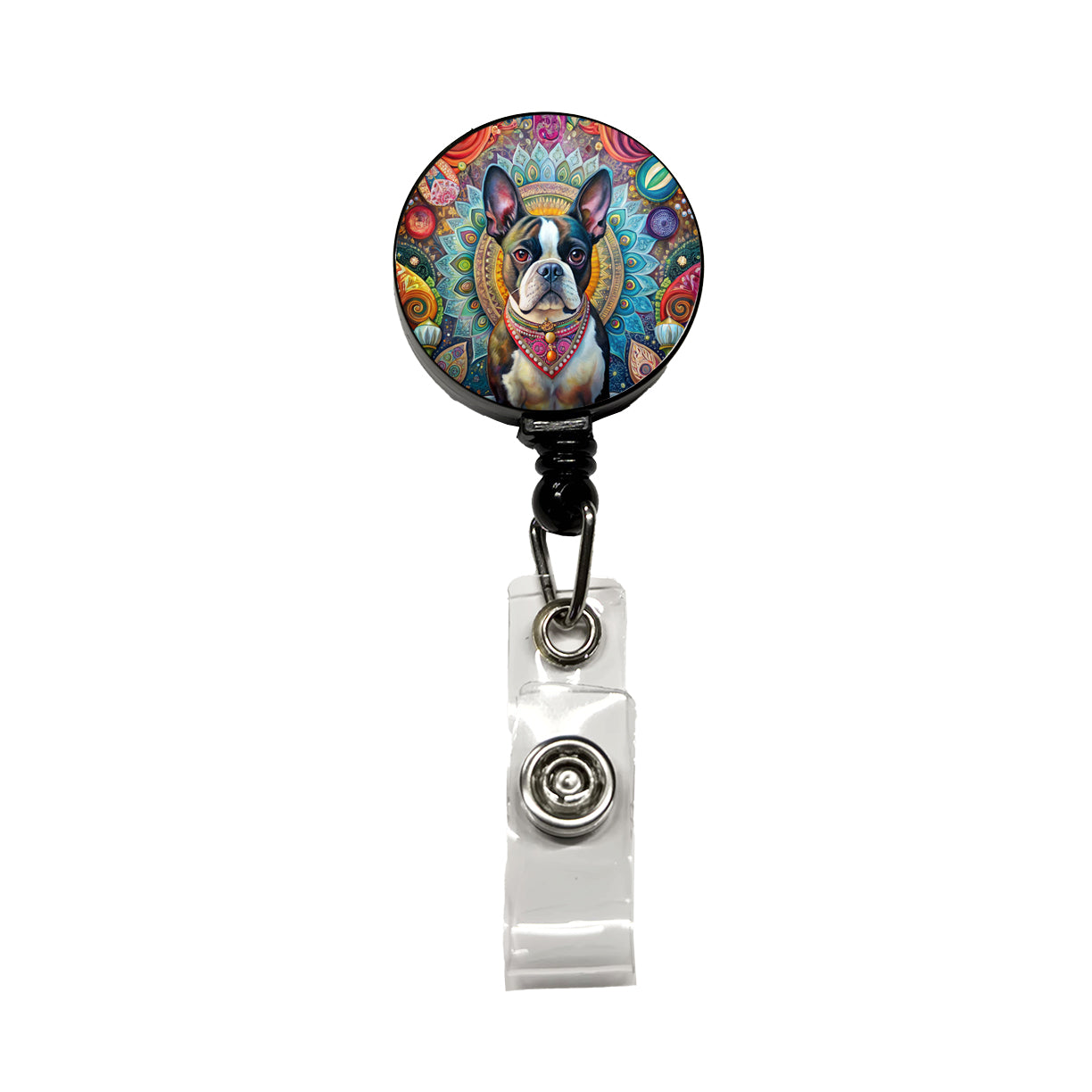 Boston Terrier Dog Bohemian Art Retractable ID Key Card Name Tag Badge Holder with Clip
