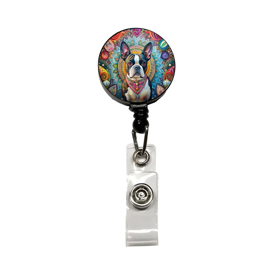 Boston Terrier Dog Bohemian Art Retractable ID Key Card Name Tag Badge Holder with Clip