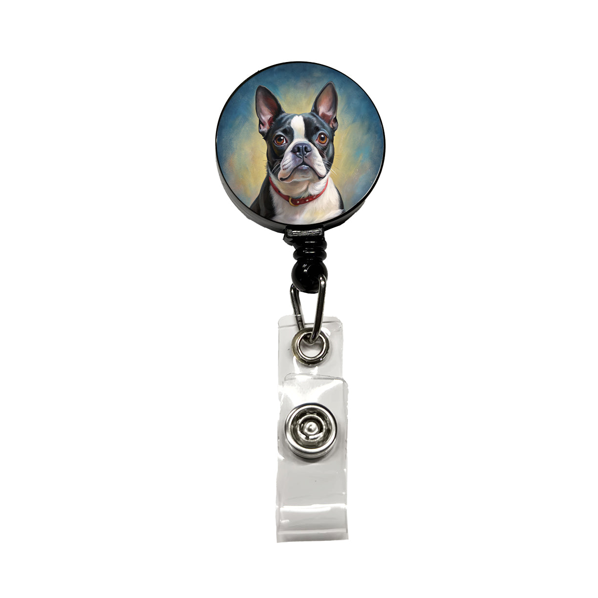 Boston Terrier Dog Illustration Retractable ID Key Card Name Tag Badge Holder with Clip