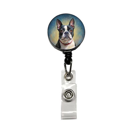Boston Terrier Dog Illustration Retractable ID Key Card Name Tag Badge Holder with Clip