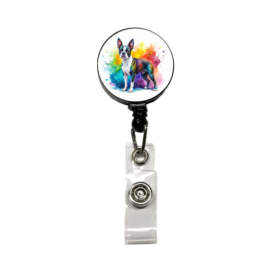 Boston Terrier Dog Watercolor Style Retractable ID Key Card Name Tag Badge Holder with Clip