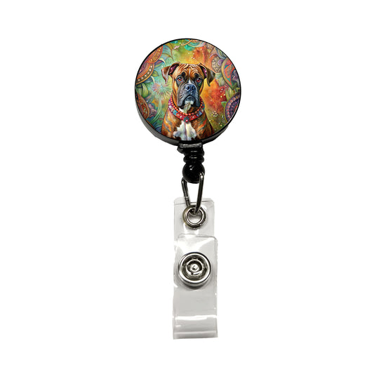 Boxer Dog Bohemian Art Retractable ID Key Card Name Tag Badge Holder with Clip