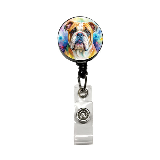 Bulldog Dog Watercolor Style Retractable ID Key Card Name Tag Badge Holder with Clip
