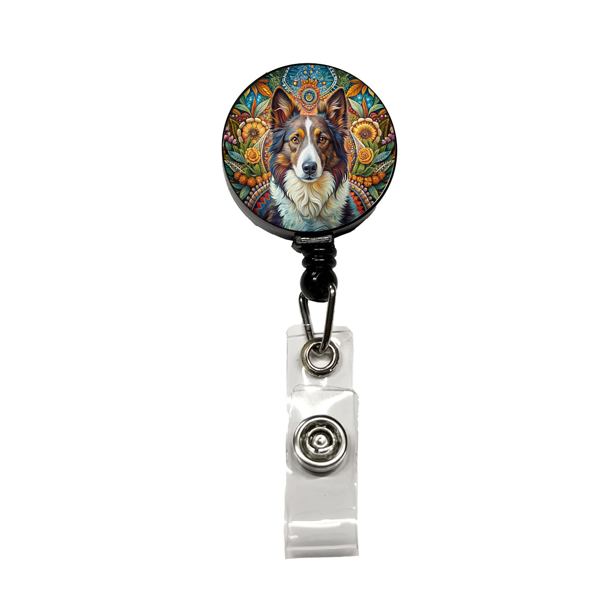 Collie Dog French Bohemian Art Retractable ID Key Card Name Tag Badge Holder with Clip