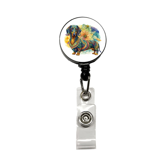Dachshund Dog Bohemian Art Retractable ID Key Card Name Tag Badge Holder with Clip