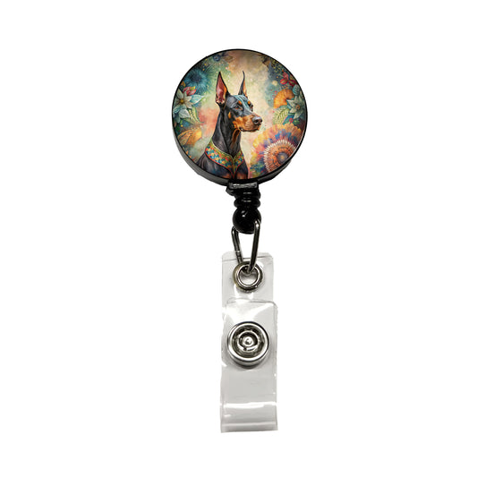 Doberman Pinscher Dog Bohemian Art Retractable ID Key Card Name Tag Badge Holder with Clip