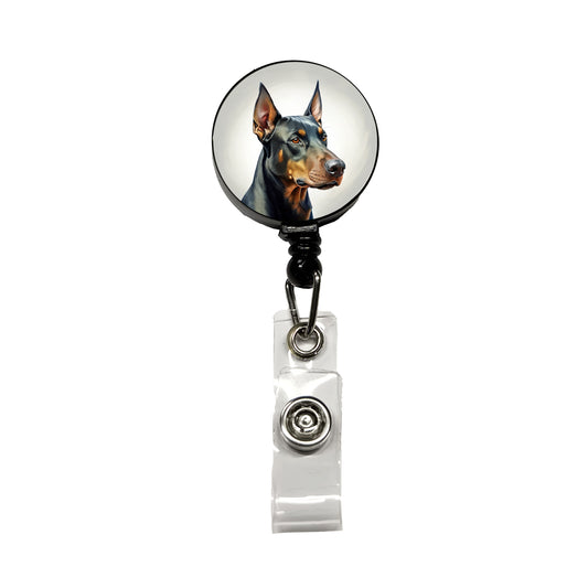 Doberman Pinscher Dog Illustration Retractable ID Key Card Name Tag Badge Holder with Clip