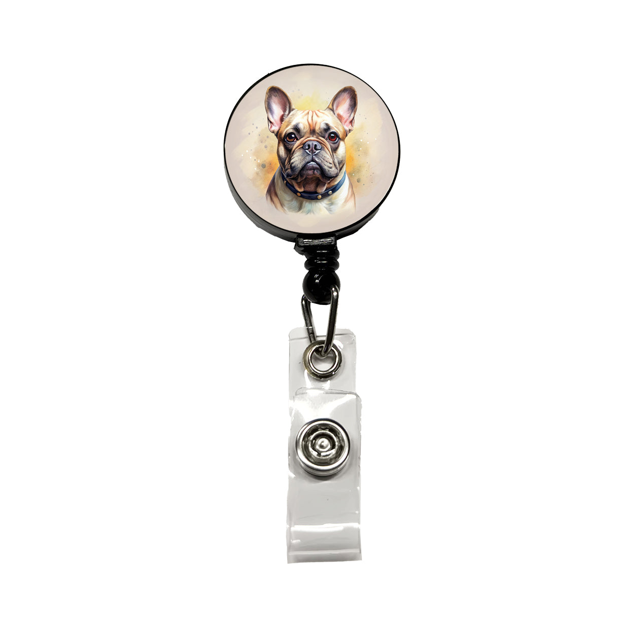 French Bulldog Frenchie Dog Illustration Retractable ID Key Card Name Tag Badge Holder with Clip