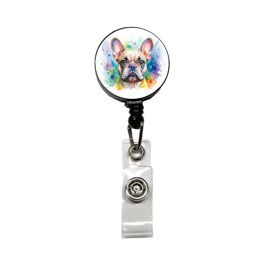 French Bulldog Frenchie Dog Watercolor Style Retractable ID Key Card Name Tag Badge Holder with Clip