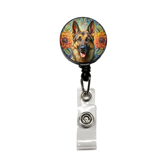 German Shepherd Dog Bohemian Art Retractable ID Key Card Name Tag Badge Holder with Clip