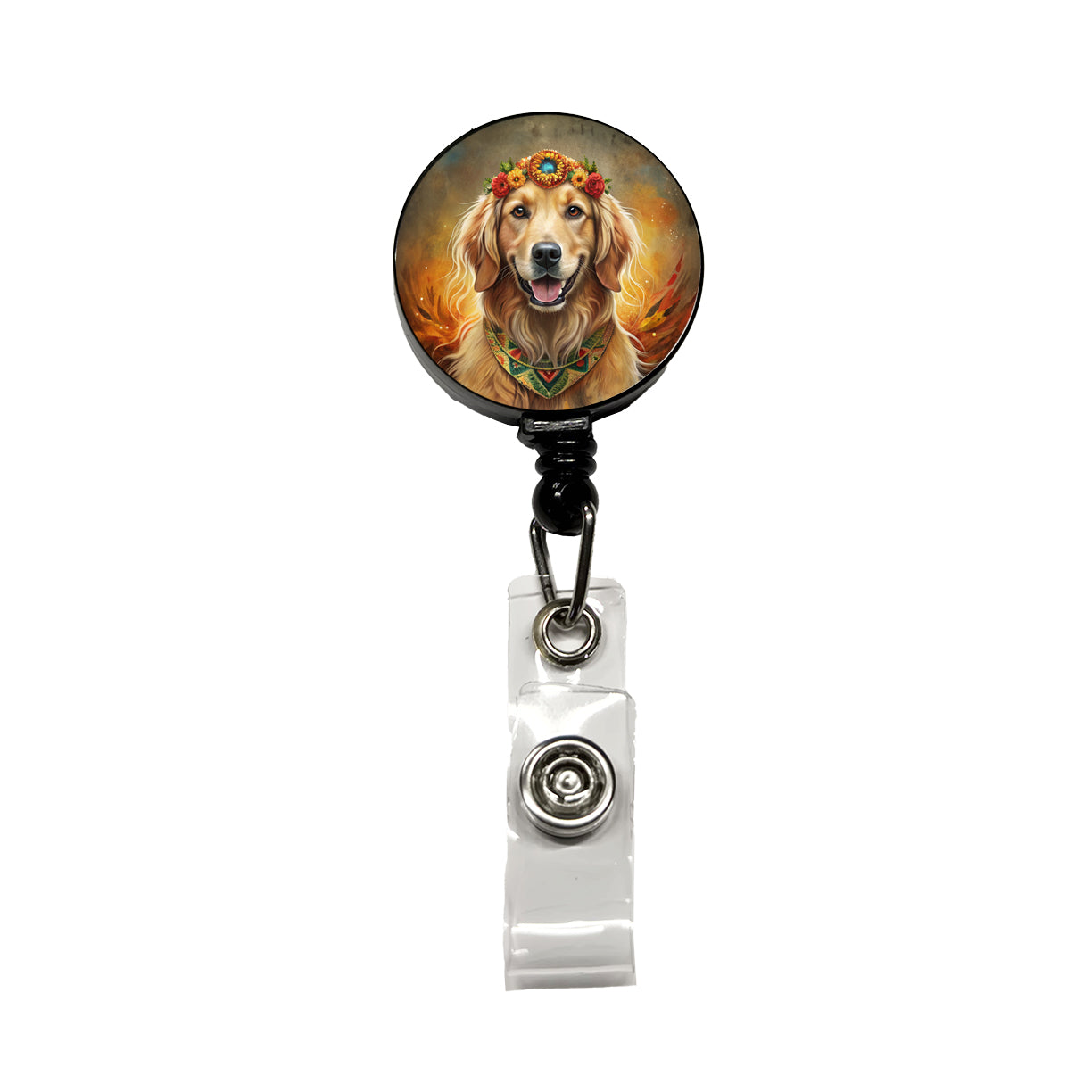 Golden Retriever Dog Bohemian Art Retractable ID Key Card Name Tag Badge Holder with Clip