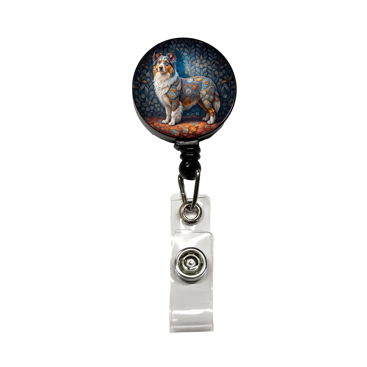 Miniature American Shepherd Dog French Bohemian Art Retractable ID Key Card Name Tag Badge Holder with Clip
