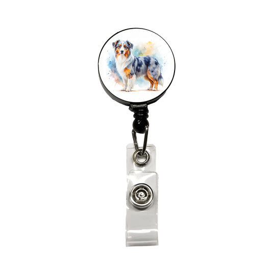 Miniature American Shepherd Dog Watercolor Style Retractable ID Key Card Name Tag Badge Holder with Clip