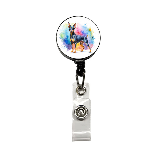Miniature Pinscher Dog Watercolor Style Retractable ID Key Card Name Tag Badge Holder with Clip