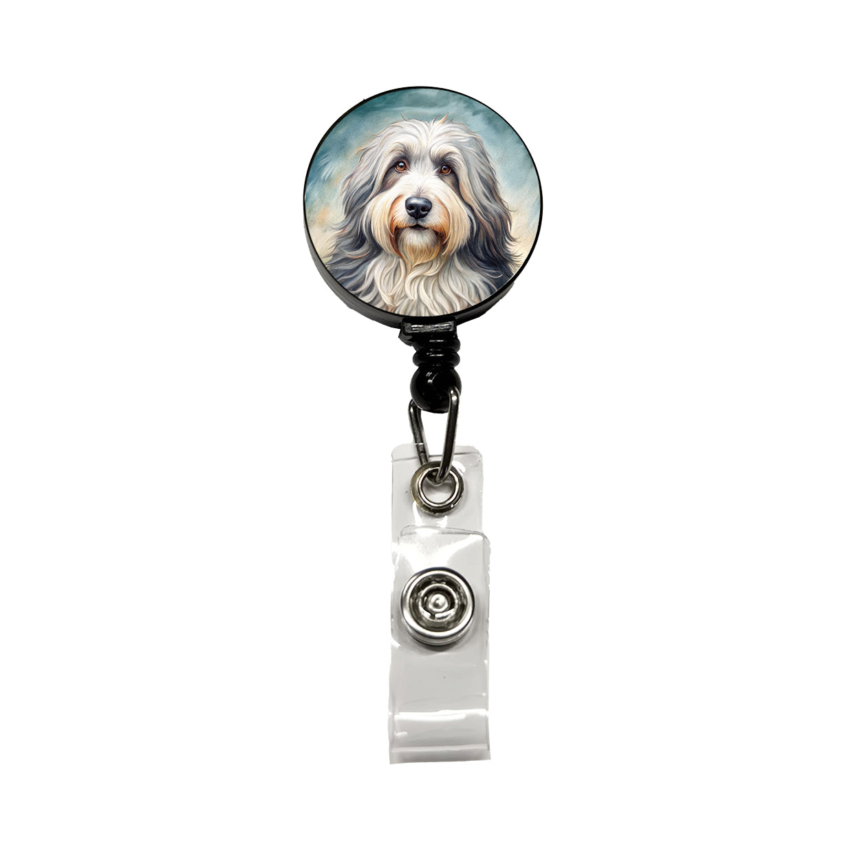 Old English Sheepdog Dog Illustration Retractable ID Key Card Name Tag Badge Holder with Clip