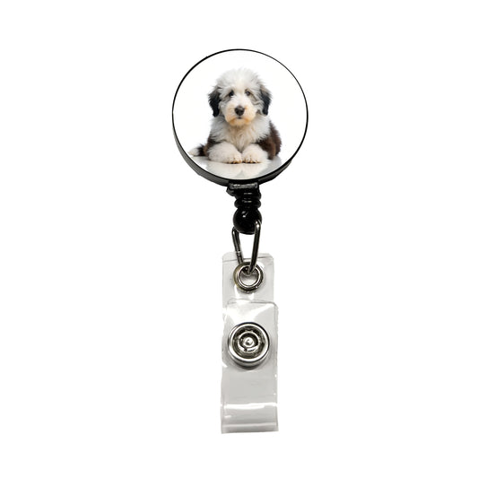 Old English Sheepdog Dog Puppy Photo Retractable ID Key Card Name Tag Badge Holder with Clip