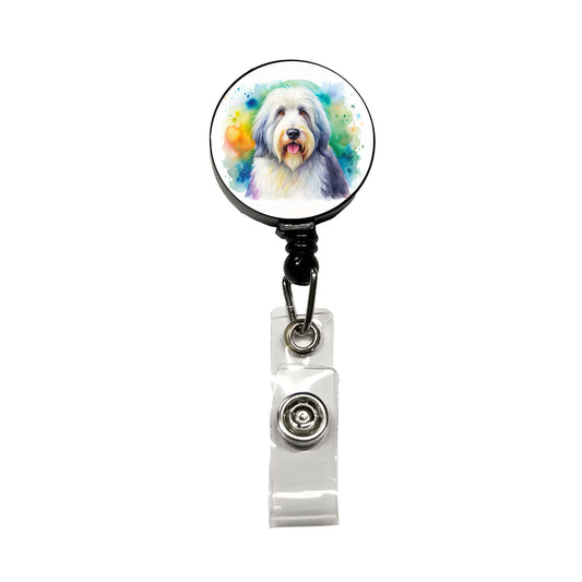 Old English Sheepdog Dog Watercolor Style Retractable ID Key Card Name Tag Badge Holder with Clip