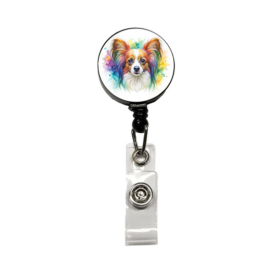 Papillion Dog Watercolor Style Retractable ID Key Card Name Tag Badge Holder with Clip
