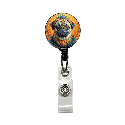 Pug Dog Bohemian Art Retractable ID Key Card Name Tag Badge Holder with Clip