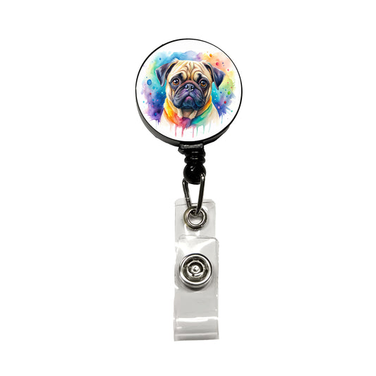 Pug Dog Watercolor Style Retractable ID Key Card Name Tag Badge Holder with Clip