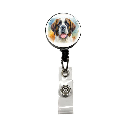 Saint Bernard Dog Watercolor Style Retractable ID Key Card Name Tag Badge Holder with Clip