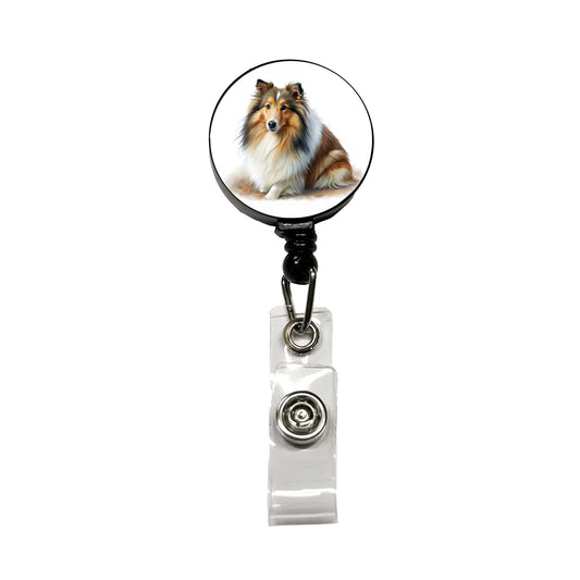 Shetland Sheepdog Sheltie Dog Illustration Retractable ID Key Card Name Tag Badge Holder with Clip