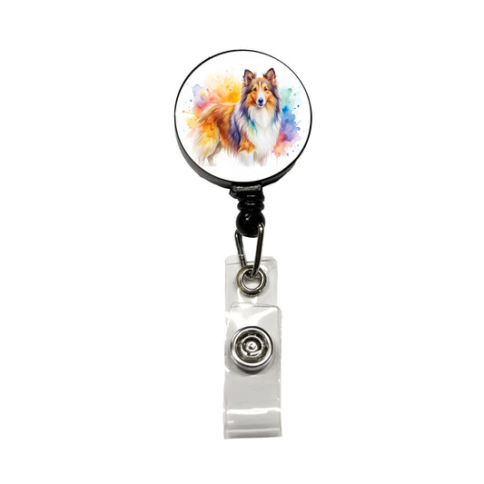 Shetland Sheepdog Sheltie Dog Watercolor Style Retractable ID Key Card Name Tag Badge Holder with Clip