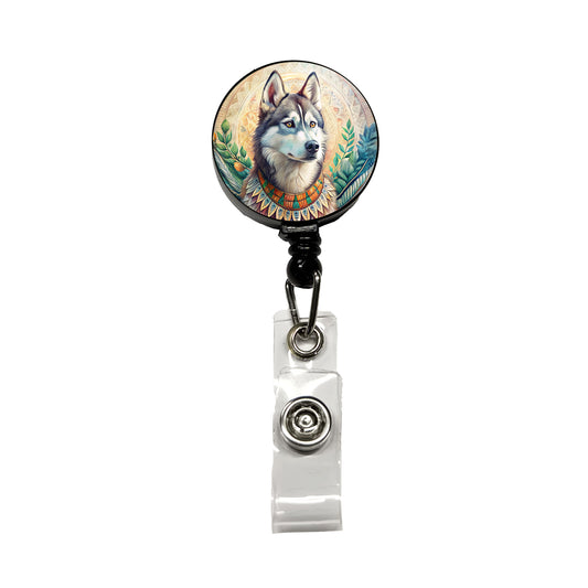Siberian Husky Dog French Bohemian Art Retractable ID Key Card Name Tag Badge Holder with Clip