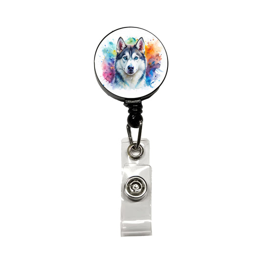 Siberian Husky Dog Watercolor Style Retractable ID Key Card Name Tag Badge Holder with Clip