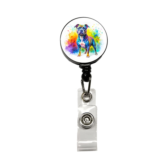 Staffordshire Bull Terrier Staffy Dog Watercolor Style Retractable ID Key Card Name Tag Badge Holder with Clip