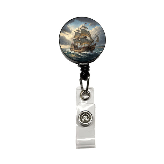 18th Century Privateer Sailing Ship At Sea Age of Sail Retractable ID Key Card Name Tag Badge Holder with Clip