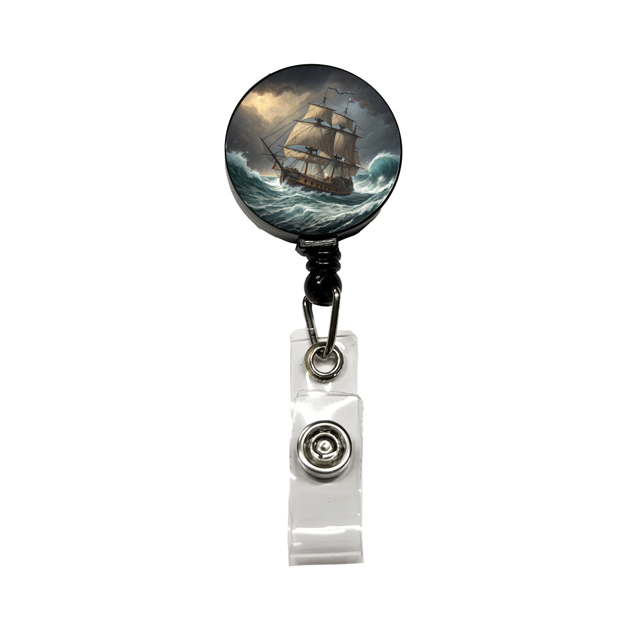 18th Century Sailing Ship Frigate In A Stormy Sea Retractable ID Key Card Name Tag Badge Holder with Clip