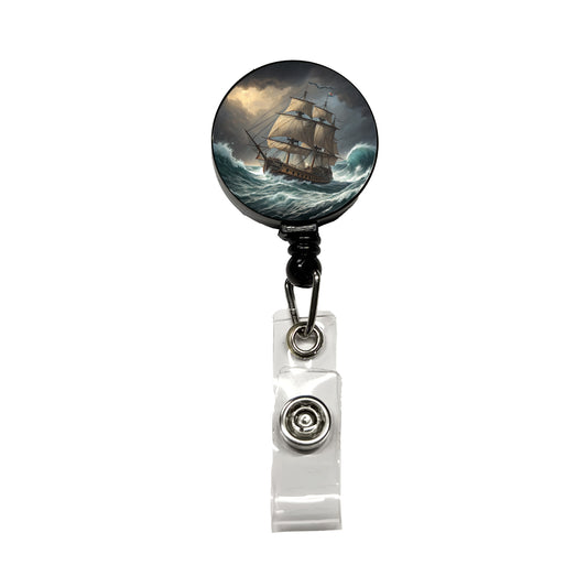 18th Century Sailing Ship Frigate In A Stormy Sea Retractable ID Key Card Name Tag Badge Holder with Clip