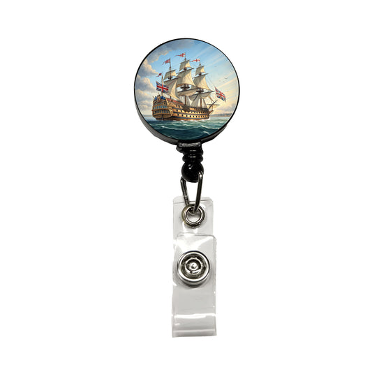 18th Century Warship British Sailing Ship Of The Line Retractable ID Key Card Name Tag Badge Holder with Clip