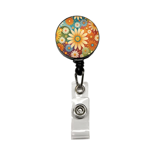 70's Retro Groovy Hippie Daisies Floral Design Retractable ID Key Card Name Tag Badge Holder with Clip