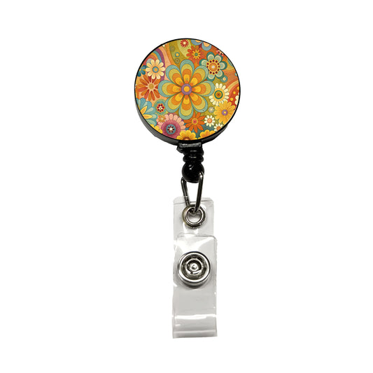 70's Retro Groovy Hippie Pretty Floral Design Retractable ID Key Card Name Tag Badge Holder with Clip