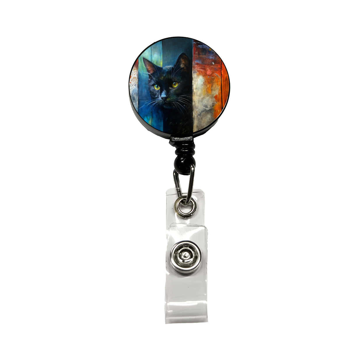 Black Cat Peaking Behind Door Abstract Art Retractable ID Key Card Name Tag Badge Holder with Clip