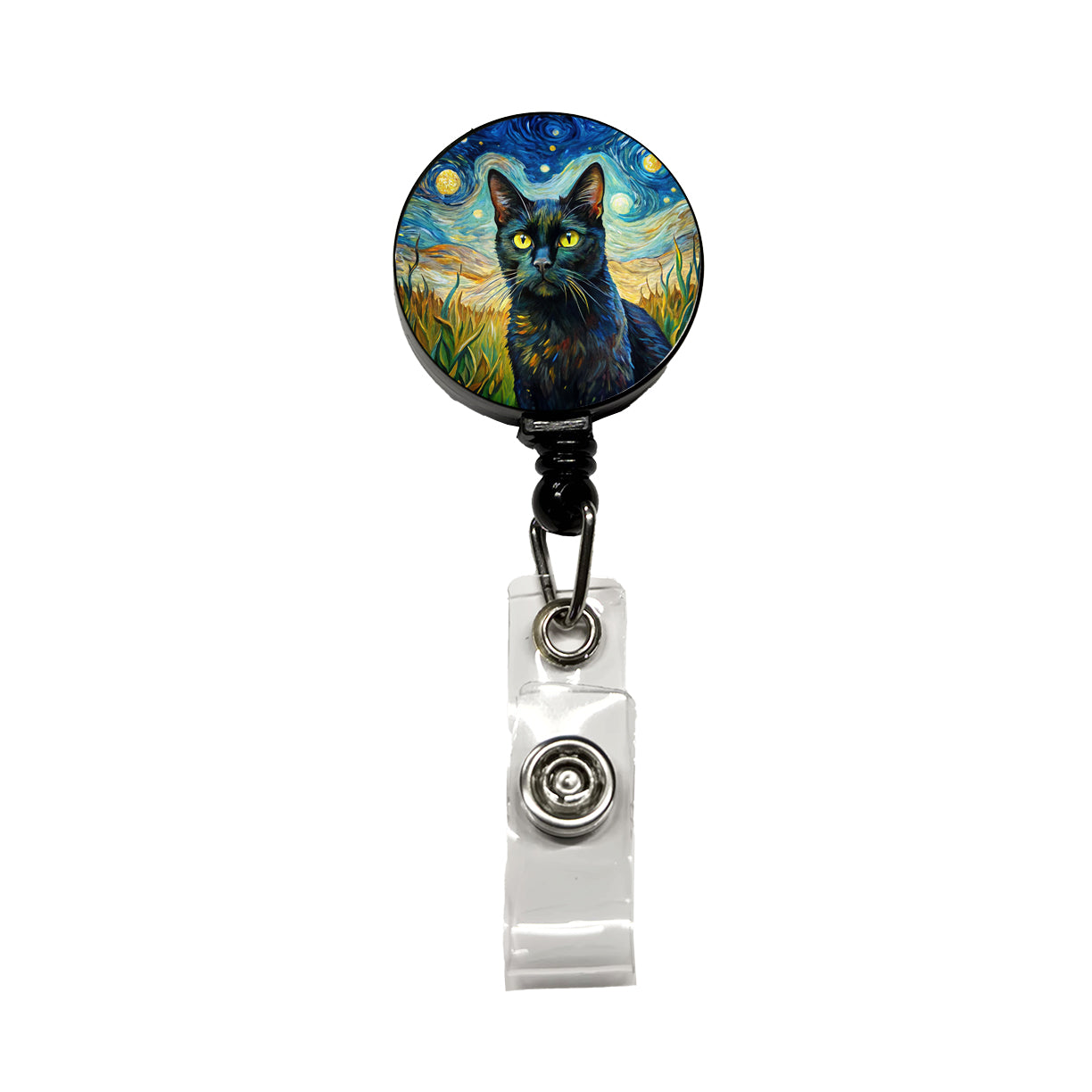 Black Cat Van Gogh Style Painting Retractable ID Key Card Name Tag Badge Holder with Clip