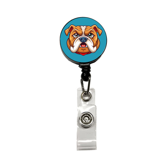 Bulldog Face Mascot Cartoon Retractable ID Key Card Name Tag Badge Holder with Clip