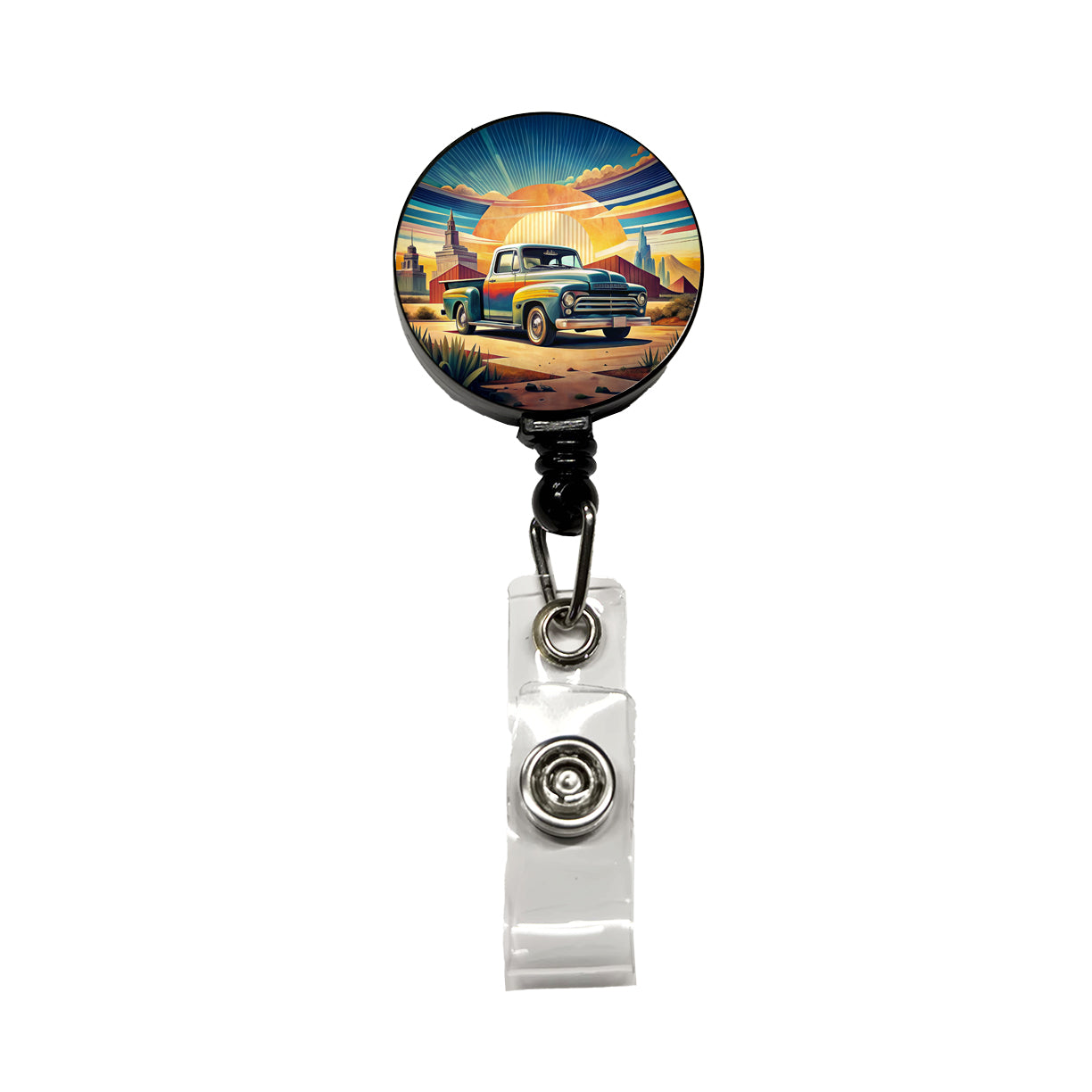 Classic Retro Truck Art Retractable ID Key Card Name Tag Badge Holder with Clip