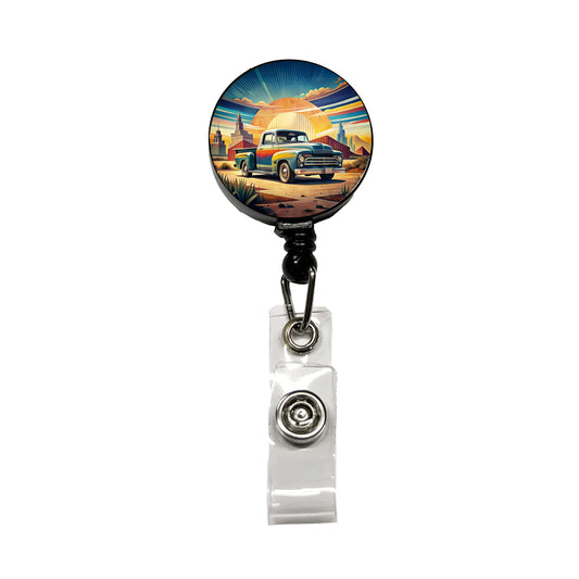 Classic Retro Truck Art Retractable ID Key Card Name Tag Badge Holder with Clip