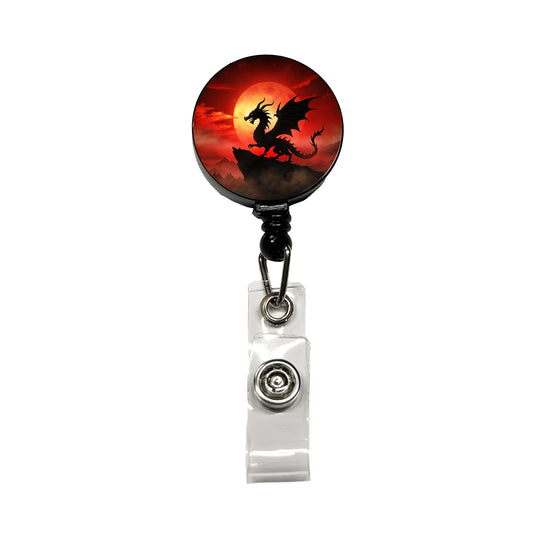 Dragon Silhouette Against A Red Sky Retractable ID Key Card Name Tag Badge Holder with Clip